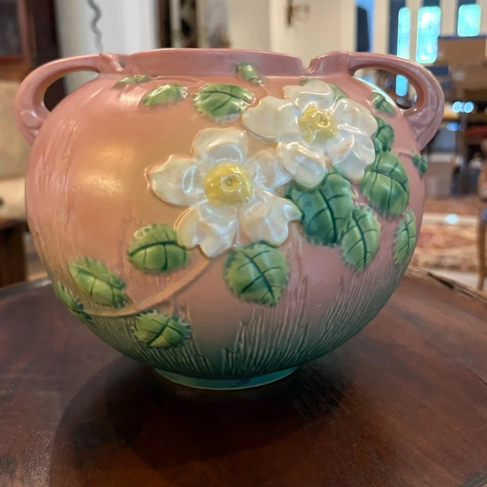 Vintage Roseville 🌹 White Roses Planter Bowl in Pink, size # 388-7, c.1949❤️